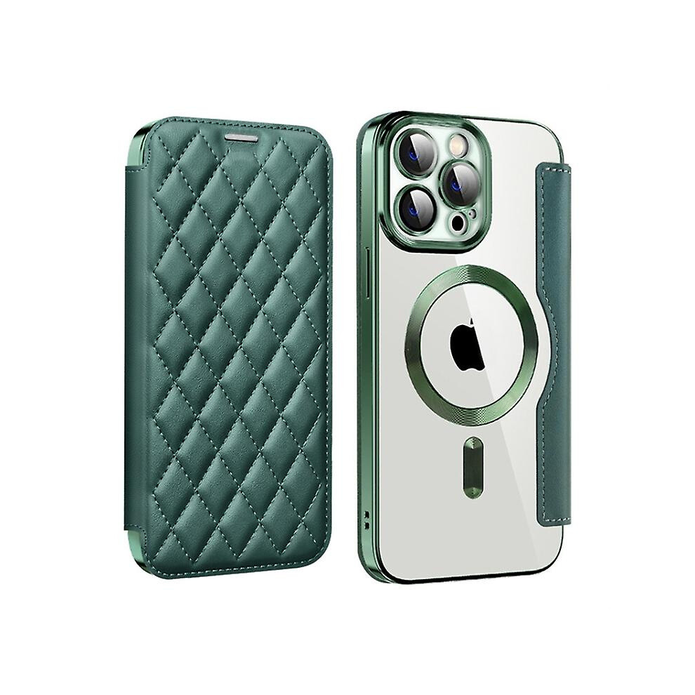 Compatible Iphone 12 Shield Magsafe Rfid Anti-Theft Rhombus Leather Phone Case: Green 8119683186139
