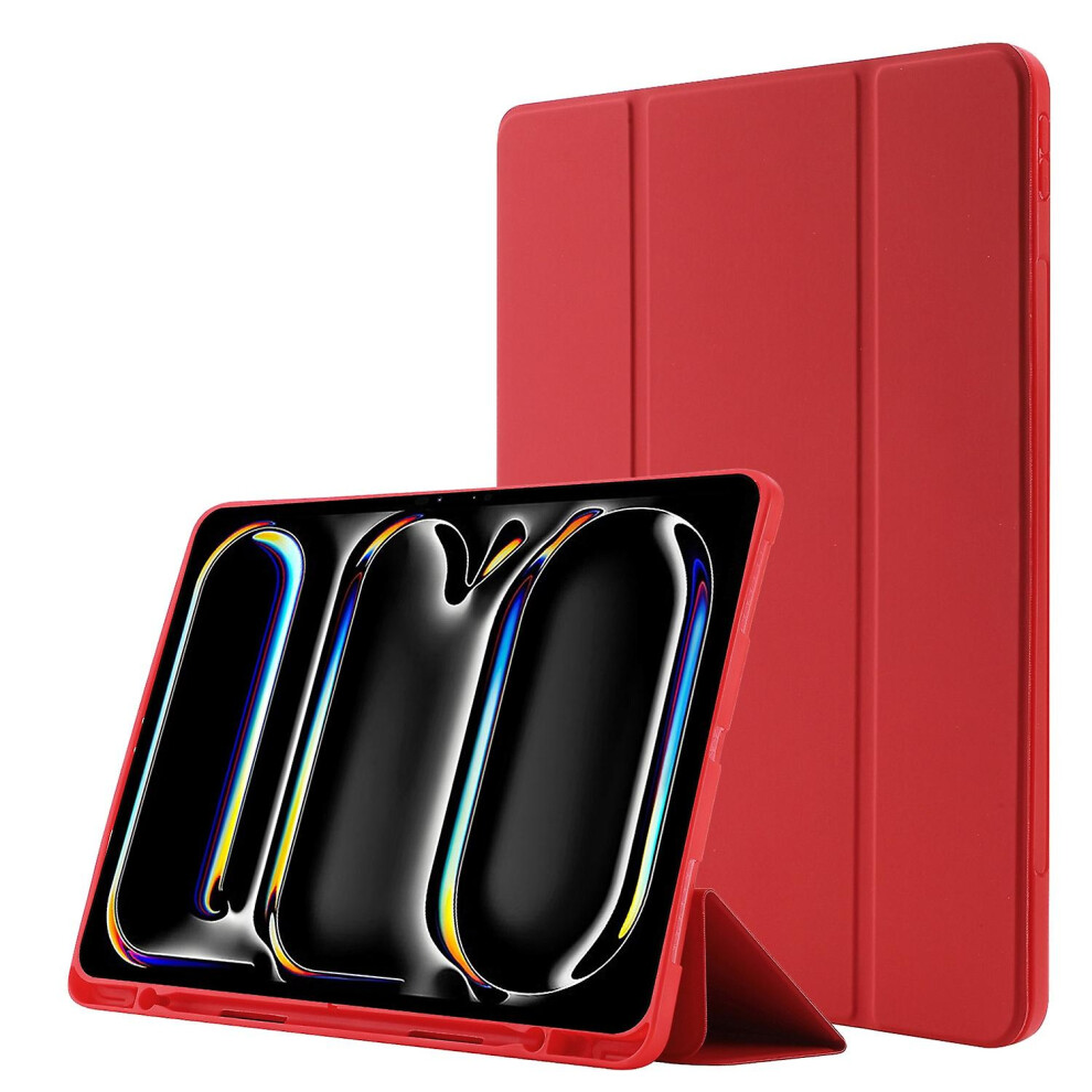 Compatible Ipad Air 13 2024 Skin Feel Tri-Fold Leather Tablet: Red 3785934258624