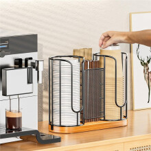 Porte-Gobelets et Couvercles à Café Jetables, Distributeur de Pailles et Gobelets en Papier/Plastique avec Base en Bois