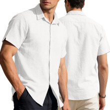 (White, S) Polo casual da uomo a maniche corte con bottoni, stile hawaiano.