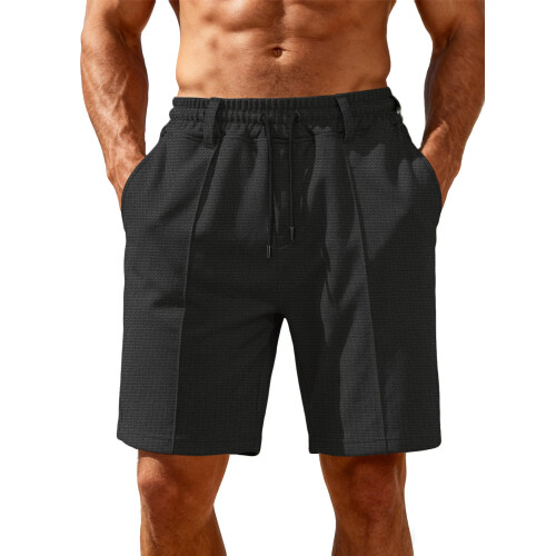 (Black, L) Men's Summer Loose Drawstring Pineapple Check Composite Shorts Beach Pants