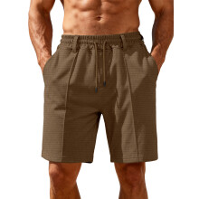 (Camel, M) Pantaloncini da uomo estivi larghi con coulisse e fantasia a quadri ananas, ideali per la spiaggia.