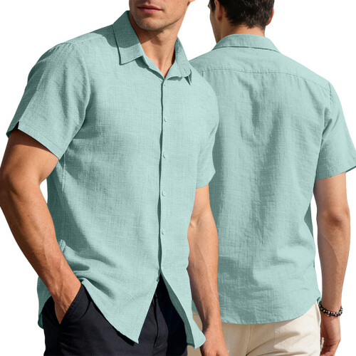 (Light Green, L) Men's Buttoned Short Sleeve Hawaiian Solid Polo Casual Shirt