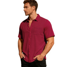 (Burgundy, S) Sommar herr lös, andningsbar pikétröja med handduksjacquard, kortärmad