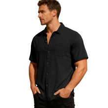 (Black, L) Sommar herr lös, andningsbar pikétröja med handduksjacquard, kortärmad