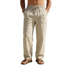 (Khaki, S) Pantaloni sportivi casual da uomo in cotone e lino, a gamba larga, stile hip-hop.