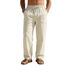 (Beige, XL) Pantaloni sportivi casual da uomo in cotone e lino, a gamba larga, stile hip-hop.