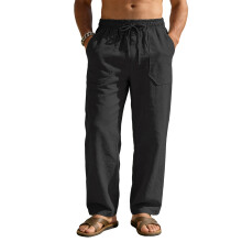(Black, L) Pantaloni sportivi casual da uomo in cotone e lino, a gamba larga, stile hip-hop.