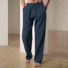 (Navy Blue, XXXL) Spodnie męskie z mieszanki lnu na wiosnę i lato, szerokie, lekkie, oddychające, luźne, na wakacje, swobodne, proste, długie