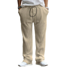(Khaki, M) Pantaloni da uomo casual a gamba larga a vita alta con righe, ideali per primavera e autunno.