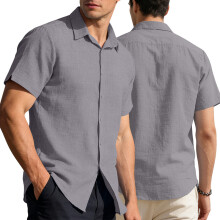 (Light Gray, L) Polo casual da uomo a maniche corte con bottoni, stile hawaiano.
