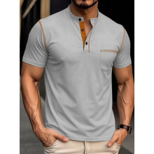 (Light Gray, XXXL) Maglietta Henley da uomo a maniche corte traspirante con mezzo bottone, a quadri piccoli, casual, sportiva