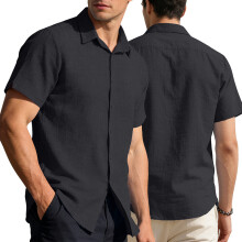 (Black, M) Polo casual da uomo a maniche corte con bottoni, stile hawaiano.