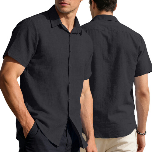 (Black, M) Men's Buttoned Short Sleeve Hawaiian Solid Polo Casual Shirt