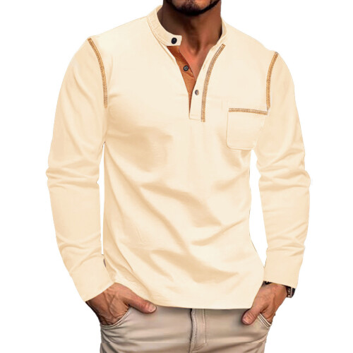 (Khaki, L) Spring Summer Men's Long Sleeve Stand Collar Shirt Solid Base Layer