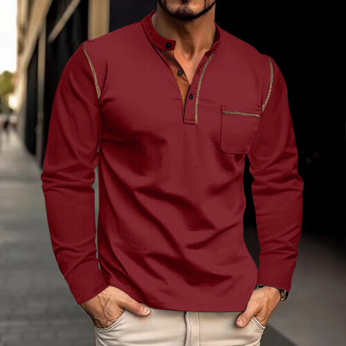 (Burgundy, M) Spring Summer Men's Long Sleeve Stand Collar Shirt Solid Base Layer