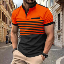 (Orange Red, L) Polo a righe estiva da uomo, maniche corte, casual