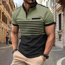 (Military Green, XXL) Polo a righe estiva da uomo, maniche corte, casual