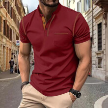(Burgundy, L) Maglietta Henley da uomo a maniche corte traspirante con mezzo bottone, a quadri piccoli, casual, sportiva