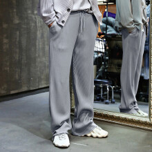 (Light Gray, S) Pantaloni da uomo casual a gamba larga a vita alta con righe, ideali per primavera e autunno.