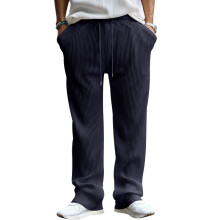 (Navy Blue, L) Pantaloni lunghi casual da uomo primavera/autunno, vestibilità ampia, dritti, a righe verticali, vita media alta, gamba larga