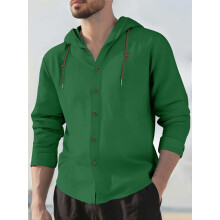 (Dark Green, XXL) Męska bawełniano-lniana koszula z kapturem, długim rękawem, oddychająca, sportowa, luźna, swobodna