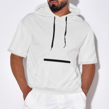 (White, XXL) Sommer herre-T-skjorte med hette og korte ermer, ensfarget topp