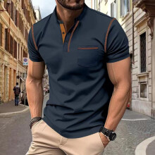 (Navy Blue, XXL) Maglietta Henley da uomo a maniche corte traspirante con mezzo bottone, a quadri piccoli, casual, sportiva