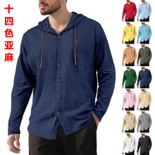 (Navy Blue, L) Męska bawełniano-lniana koszula z kapturem, długim rękawem, oddychająca, sportowa, luźna, swobodna
