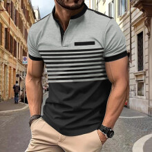(Gray, XXL) Randig polo med kort ärm för män, sommar, casual
