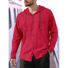 (Burgundy, XXXL) Camicia sportiva casual da uomo a maniche lunghe con cappuccio in cotone e lino, tinta unita, traspirante e ampia.