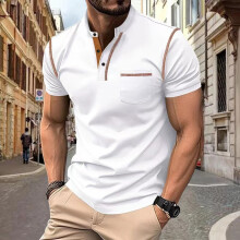 (White, XXL) Maglietta Henley da uomo a maniche corte traspirante con mezzo bottone, a quadri piccoli, casual, sportiva