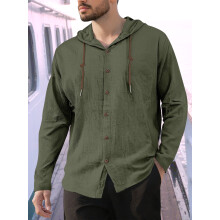 (Army Green, XXXL) Herreskjorte med hette i bomull og lin, langermet, ensfarget, pustende, avslappet sportsskjorte med løs passform