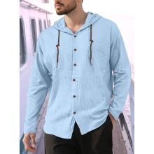 (Light Blue, S) Męska bawełniano-lniana koszula z kapturem, długim rękawem, oddychająca, sportowa, luźna, swobodna