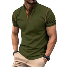 (Army Green, XL) Herreskjorte med pustende, korte ermer og halvknapper, liten rutet, avslappet sports-T-skjorte
