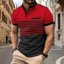 (Bright Red, XXXL) Polo a righe estiva da uomo, maniche corte, casual