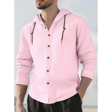 (Pink, XXL) Chemise ample à capuche en coton et lin pour homme, manches longues, unie, respirante, décontractée, sport.