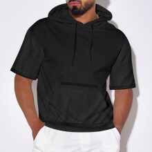 (Black, XXL) Sommer herre-T-skjorte med hette og korte ermer, ensfarget topp
