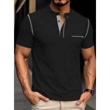 (Black Grey, L) Maglietta Henley da uomo a maniche corte traspirante con mezzo bottone, a quadri piccoli, casual, sportiva