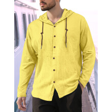 (Lemon Yellow, S) Męska bawełniano-lniana koszula z kapturem, długim rękawem, oddychająca, sportowa, luźna, swobodna