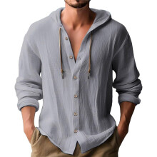 (Gray, L) Camicia sportiva casual da uomo a maniche lunghe con cappuccio in cotone e lino, tinta unita, traspirante e ampia.