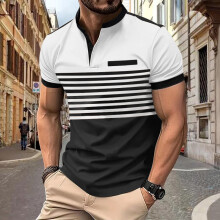 (White, M) Polo a righe estiva da uomo, maniche corte, casual