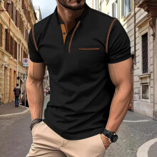 (Black, XXL) Maglietta Henley da uomo a maniche corte traspirante con mezzo bottone, a quadri piccoli, casual, sportiva