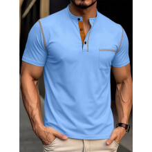 (Sky Blue, XXXL) Maglietta Henley da uomo a maniche corte traspirante con mezzo bottone, a quadri piccoli, casual, sportiva