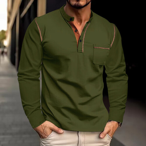 (Army Green, M) Spring Summer Men's Long Sleeve Stand Collar Shirt Solid Base Layer