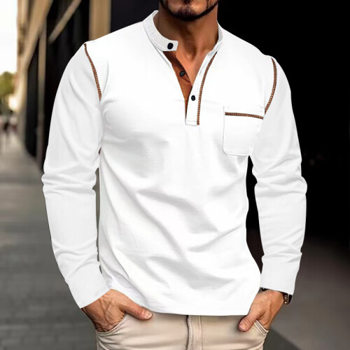 (White, XXL) Spring Summer Men's Long Sleeve Stand Collar Shirt Solid Base Layer