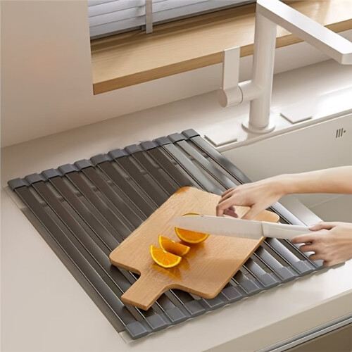 Kitchen Dish Rack, No-Drill Sink Drain Rack, Roll- Sink Storage Rack, Foldable 45cm 1