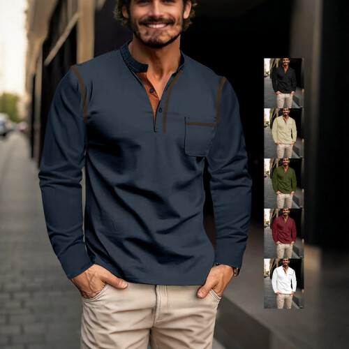(Navy Blue, S) Spring Summer Men's Long Sleeve Stand Collar Shirt Solid Base Layer 1