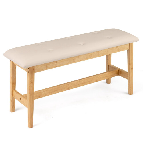 Bambusbank mit Kunstlederkissen, 100 cm, Beige