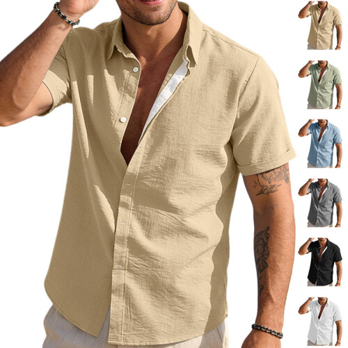 (Light Khaki, XXL) Men's Solid Casual Cardigan Button-Down Shirt 1